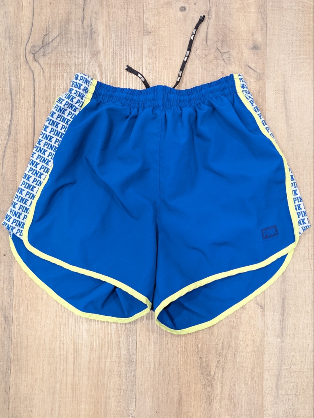 PINK Victoria's Secret Blue Running Shorts with Yellow Trim